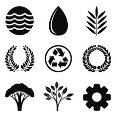 Fototapeta premium Black Icons Water Drop Leaf Laurel Wreath Recycle Symbol Tree Gear plant