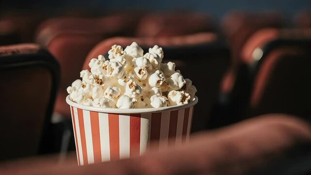 Popcorn in striped bucket at a movie theater with red seats