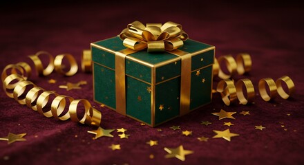 Emerald Green Gift Box with Gold Bow and Confetti: Festive Holiday Present