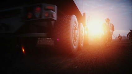 American High Mobility Artillery Rocket System in a ruined city. 3d rendering.