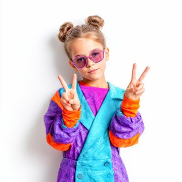 child girl forming peace sign with fingers playful mood stylish outfit vibrant tones isolated on white
