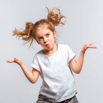 child girl making silly dance hand moves expressive face clean background captured energy