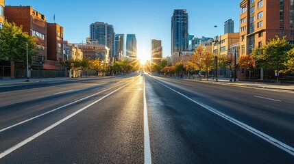 Fototapeta premium Sunlit city street, autumnal trees lining a wide, empty asphalt road leading towards a rising sun and a cityscape skyline