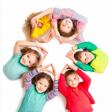 children forming triangle shapes with fingers learning basic shapes preschool activity isolated background