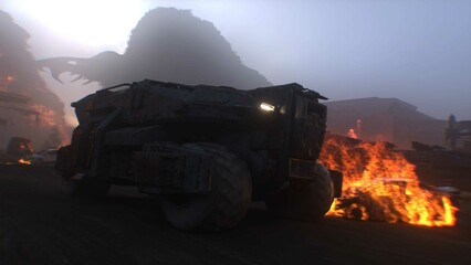 apocalyptic war machine drives through a destroyed burning city. 3d rendering.