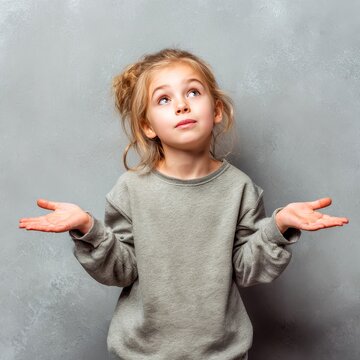child girl shrugging shoulders in confusion minimalist background casual wear expressive body language natural pose
