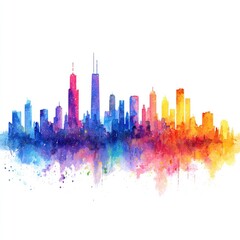 Obraz premium Vibrant watercolor cityscape, showcasing a range of colorful skyscrapers against a white background, with a splatter effect at the base
