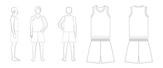 basketball, uniform, sportswear, template, mockup, outline, line art, vector, male, men, athlete, jersey, tank top, shorts, activewear, design template, apparel, sports, fashion, flat design, technica