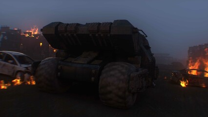 apocalyptic war machine drives through a destroyed burning city. 3d rendering.