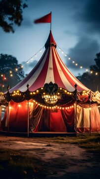 Illuminated striped circus tent with ominous facade