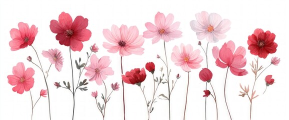 Watercolor Pink and Red Cosmos Flowers on White Background