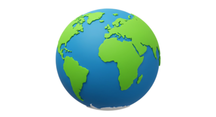 Globe Earth Model with Green Land and Blue Ocean on Transparent Background