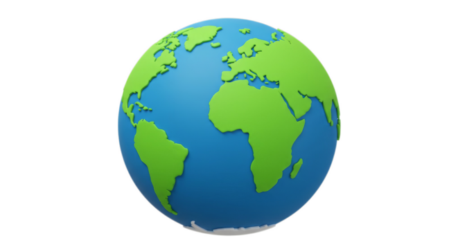 Globe Earth Model with Green Land and Blue Ocean on Transparent Background