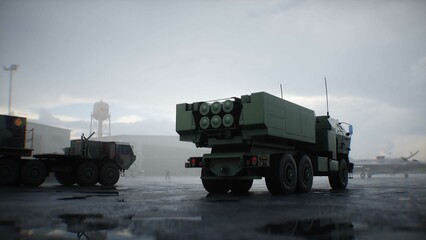 American High Mobility Artillery Rocket System. Military base. 3d rendering.