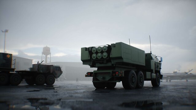 American High Mobility Artillery Rocket System. Military base. 3d rendering.