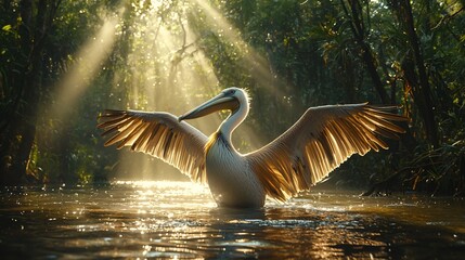 Majestic pelican in a sunlit jungle river
