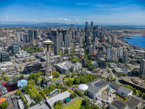 Aerial view of downtown Seattle and Elliott Bay, Washington