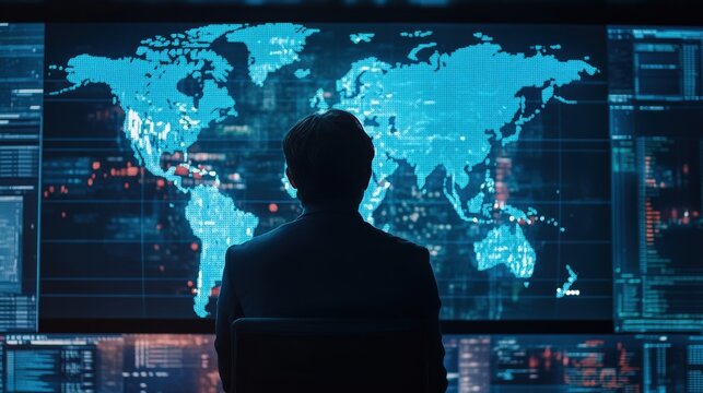 Person observes a global data visualization display.