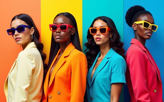 Four models with stylish sunglasses, showcasing different poses and vibrant, colorful outfits against variously colored backgrounds. High quality