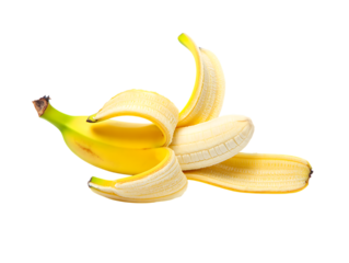 Ripe yellow banana partially peeled with skin showing isolated on transparent background