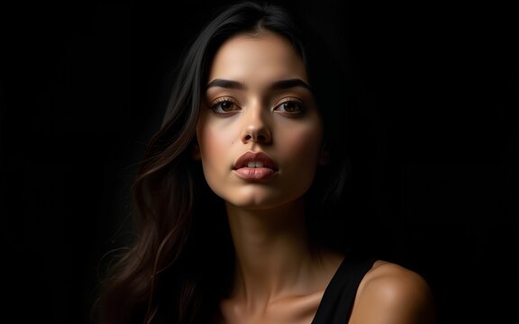 Horizontal portrait of a photo session of a model and a woman photographer in a photography studio, black background. Fashion concept. High quality