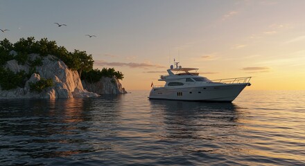 Obraz premium Luxury Yacht Anchored Near Rocky Shore During Sunset with Calm Water and Birds Flying