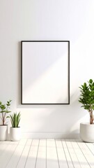 Blank Picture Frame Mockup with Plants in a Bright, Minimalist Interior Space.