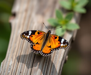 Fototapeta premium Vibrant painted lady butterfly rests gracefully upon weathered wood, displaying its intricate wing patterns and captivating colors against a soft green backdrop.