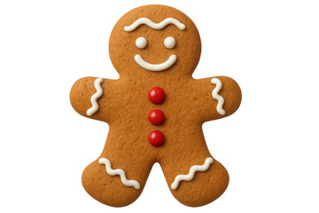 Festive gingerbread cookie featuring colorful icing details and bright red candy embellishments, white background