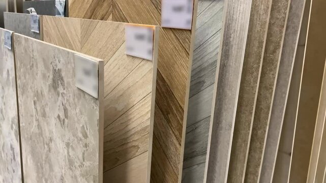 Floor tile samples display rack construction materials store showroom interior design selection