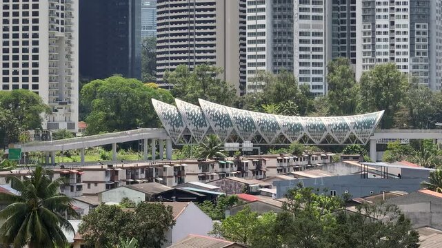 sunny day kuala lumpur city center famous walking pedestrian bridge aerial panorama 4k malaysia