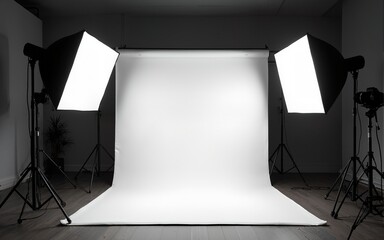 A photography studio setup featuring softboxes, cameras, and a backdrop for professional photo shoots. High quality