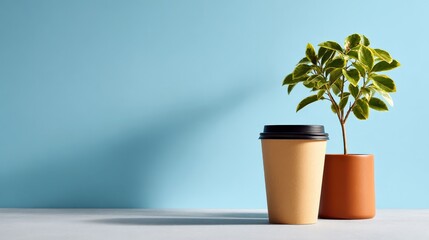 Takeaway coffee cup and a small potted plant on a bright background.