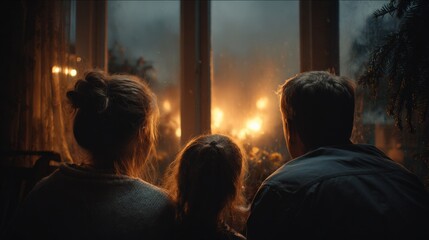 War through window, a family watching from inside, distant explosions casting flickering light, cinematic tension at home, worried faces.