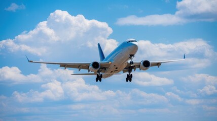 Obraz premium Commercial airplane preparing for landing against a scenic cloudscape view