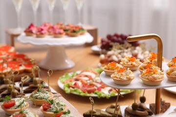 Buffet menu. Many different appetizers on table, closeup