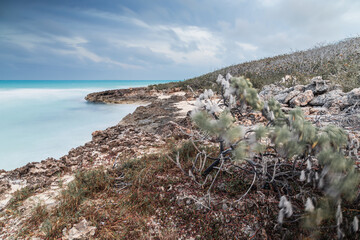 Sunset on the sandy beach of the Atlantic Ocean.