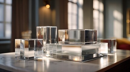 Glass surfaces reflecting light in an elegant product setting.