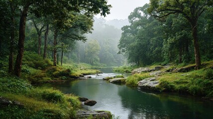 A wide shot of a calm stream winding through a vibrant green forest, with mist gently rising from the water