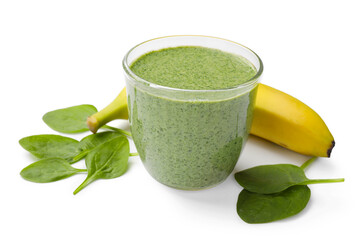 Tasty spinach smoothie and ingredients isolated on white