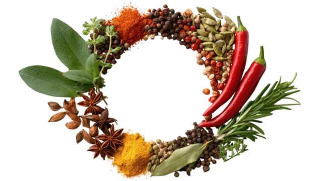 Aromatic circle frame composition of spices and herbs for culinary design, isolated on tranparent background 