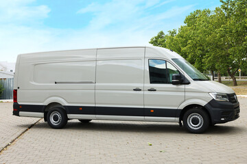 One white minibus parked on paved road outdoors