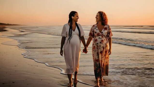 Pregnant couple walk on beach at sunset. Two women expecting baby embrace love, family, maternity. For parenting blog, LGBTQ adoption, same-sex marriage campaign, baby shower ad.