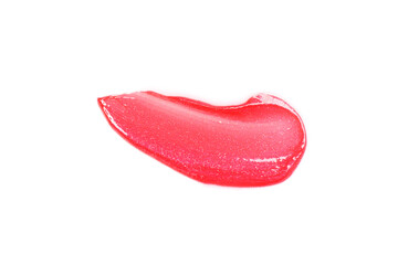 Bright red lip gloss isolated on white, top view