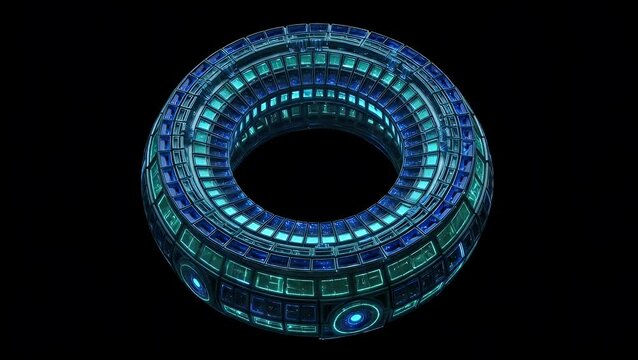 A toroidal futuristic object with blue and green glowing panels on a black background