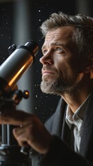 medium shot, male astronomer using telescope, night sky visible through observatory window, focused and passionate