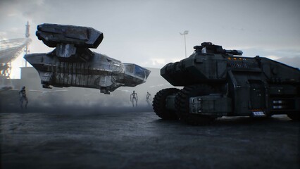 Futuristic military base with robots and aerial ship. 3d rendering.