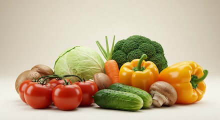 Fresh vegetables including tomatoes, cabbage, broccoli, carrots, peppers, cucumbers, and mushrooms arranged in a still life.
