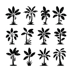 Set of Black Banana Tree Icons Perfect for Tropical Graphic Design

