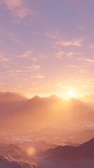 Pink and Orange Sunset Over City and Mountains